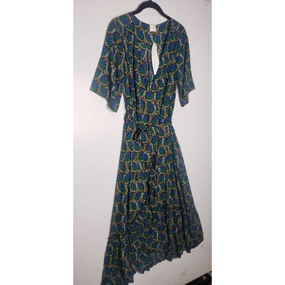 Silk & Salt Journey Maxi Wrap Dress African Peacock Print Green Blue NEW Medium - Picture 5 of 12